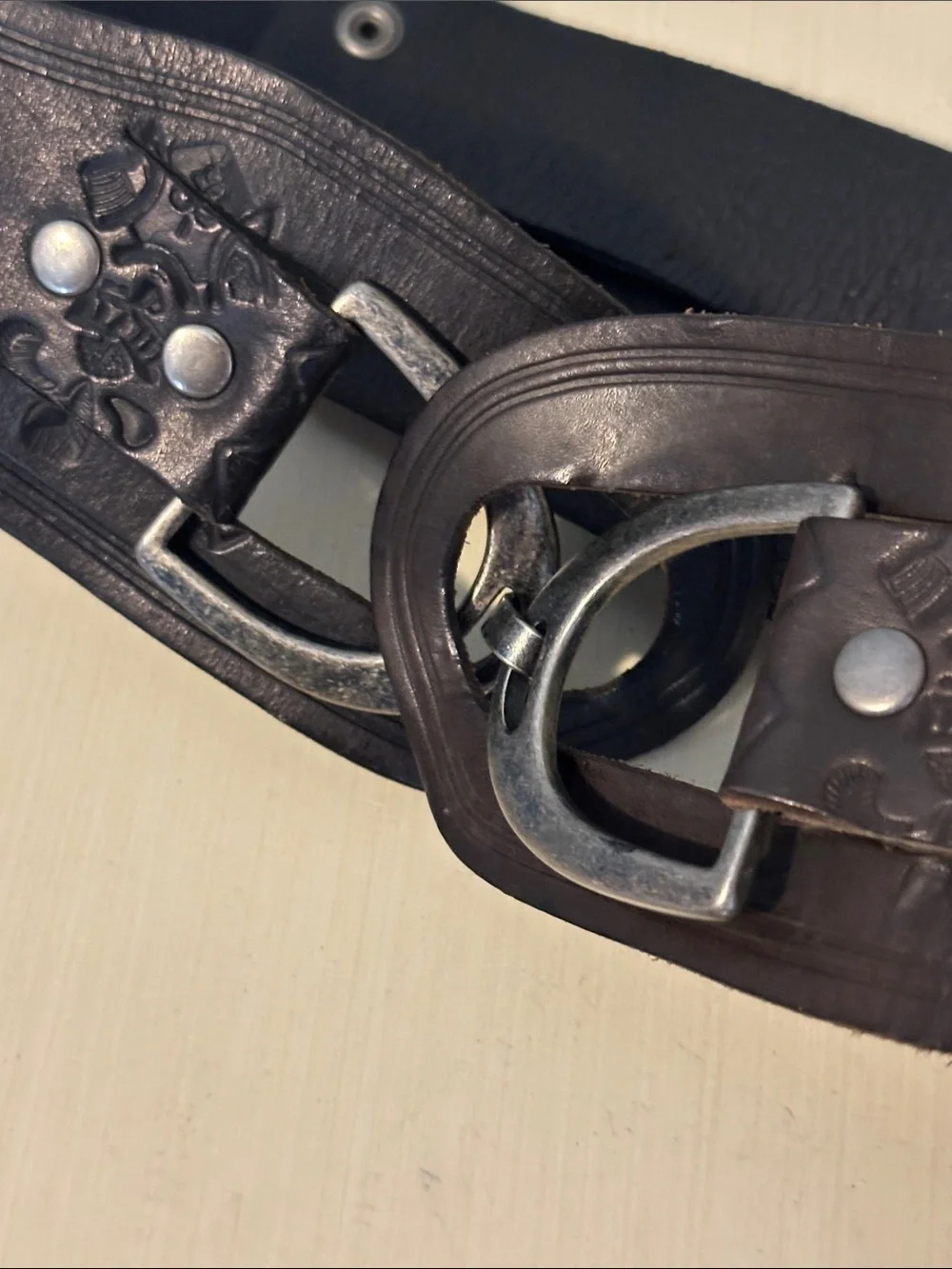 Linea Pelle Womens brown and Black large Leather adjustable embroidered Belt